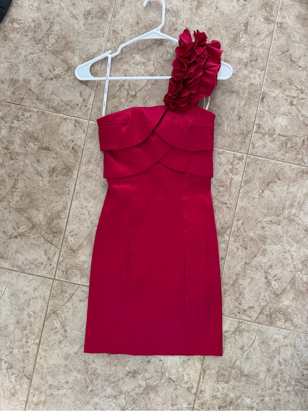 One-Shoulder Red Floral Accent Cocktail Dress